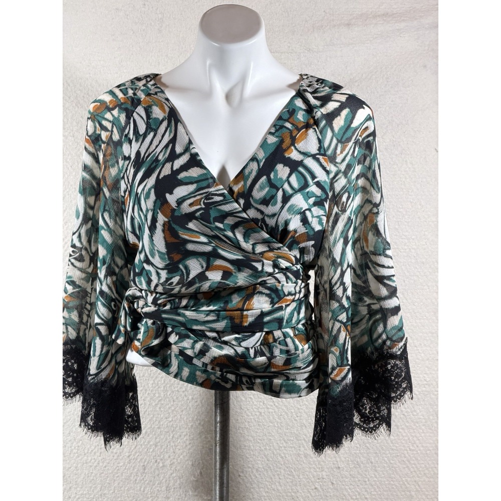 Anthropologie Womens Size M Lace Trim Wrap Top Kimono Sleeve Blouse Green Black